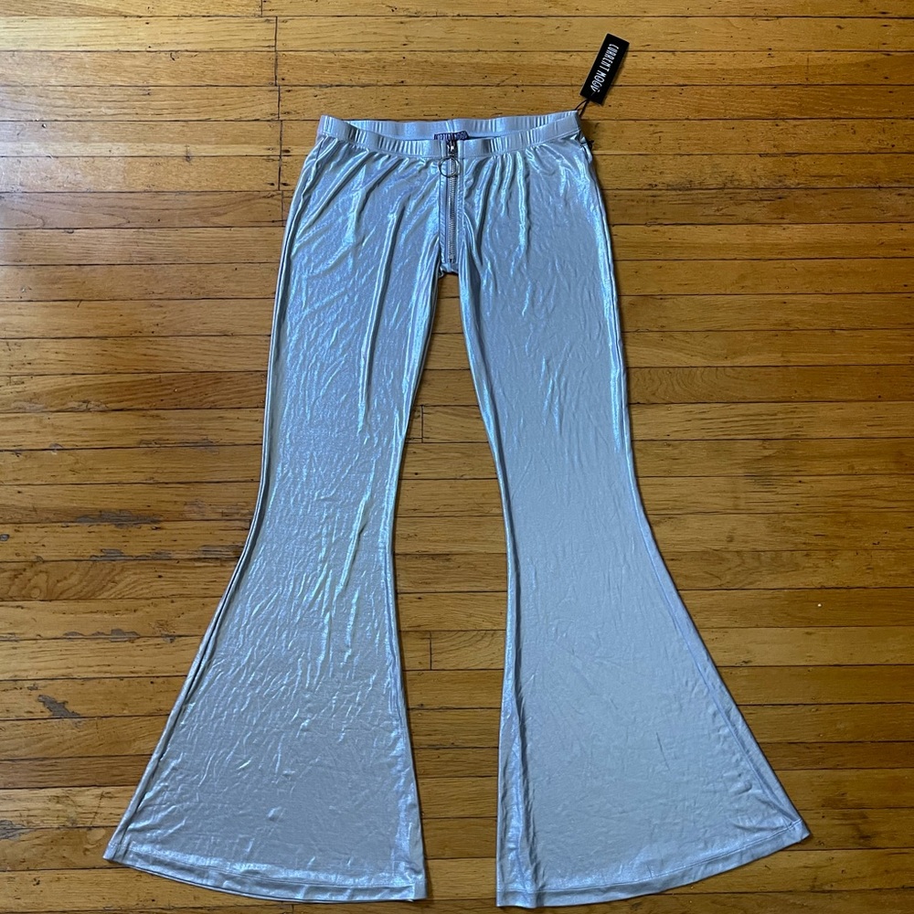 Metallic silver bell bottoms